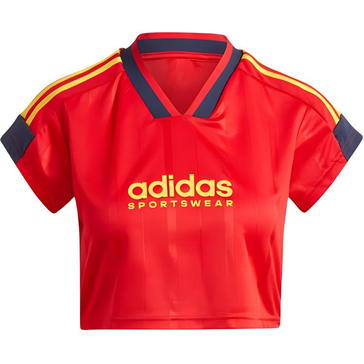 Женская футболка Adidas Tiro Cut 3 Stripes Crop Better Scarlet/Legend Ink/Bold Gold, светло-алая — фото 2