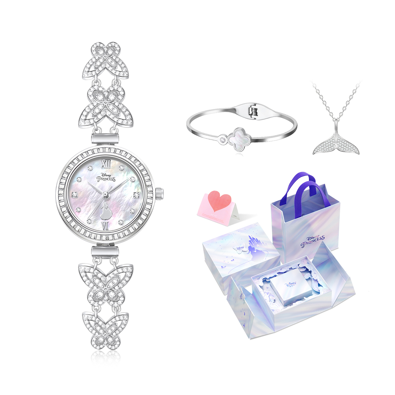

Часы для женщин с кварцевым механизмом Princess, металлическим ремешком и циферблатом цвета перламутр Disney, Butterfly Dancing Dream Shadow[Disney Iridescent Box+Necklace+Bangle (Matching Watch Color)+Custom Greeting Card]