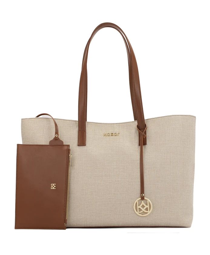 

Большая сумка из парусины и натуральной кожи. Kazar, бежевый