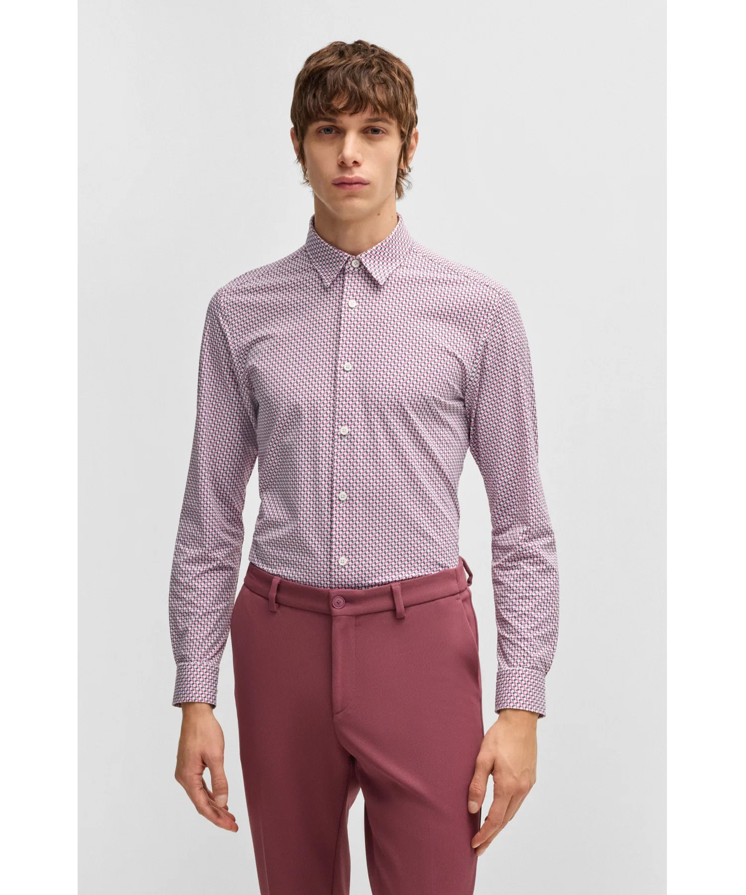 Мужская рубашка BOSS Slim Fit с принтом из эластичного джерси розовая