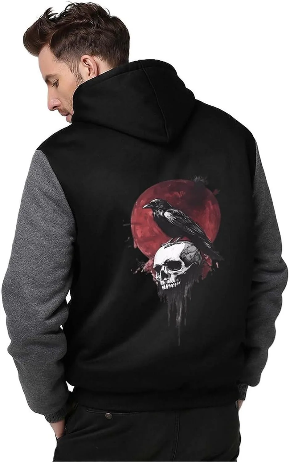 Толстовка с капюшоном Crow Standing on Skull, мужская, утепленная, из плотного флиса, с карманами, зимняя Generic, серый — фото 2