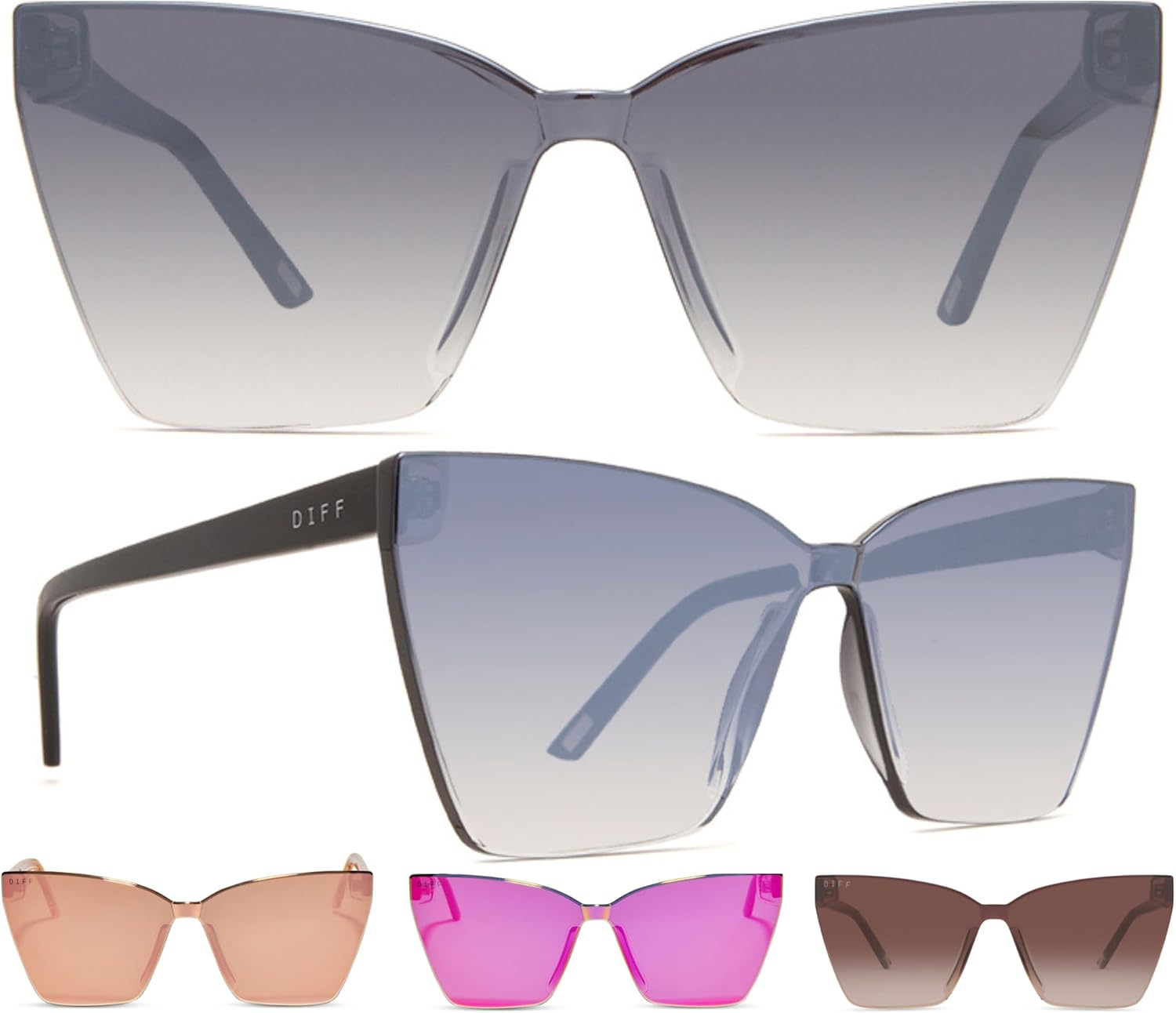 

Женские дизайнерские солнцезащитные очки DIFF Goldie без оправы, увеличенного размера, в форме «кошачьего глаза», с защитой от ультрафиолета UV400, Black + Smoke Flash