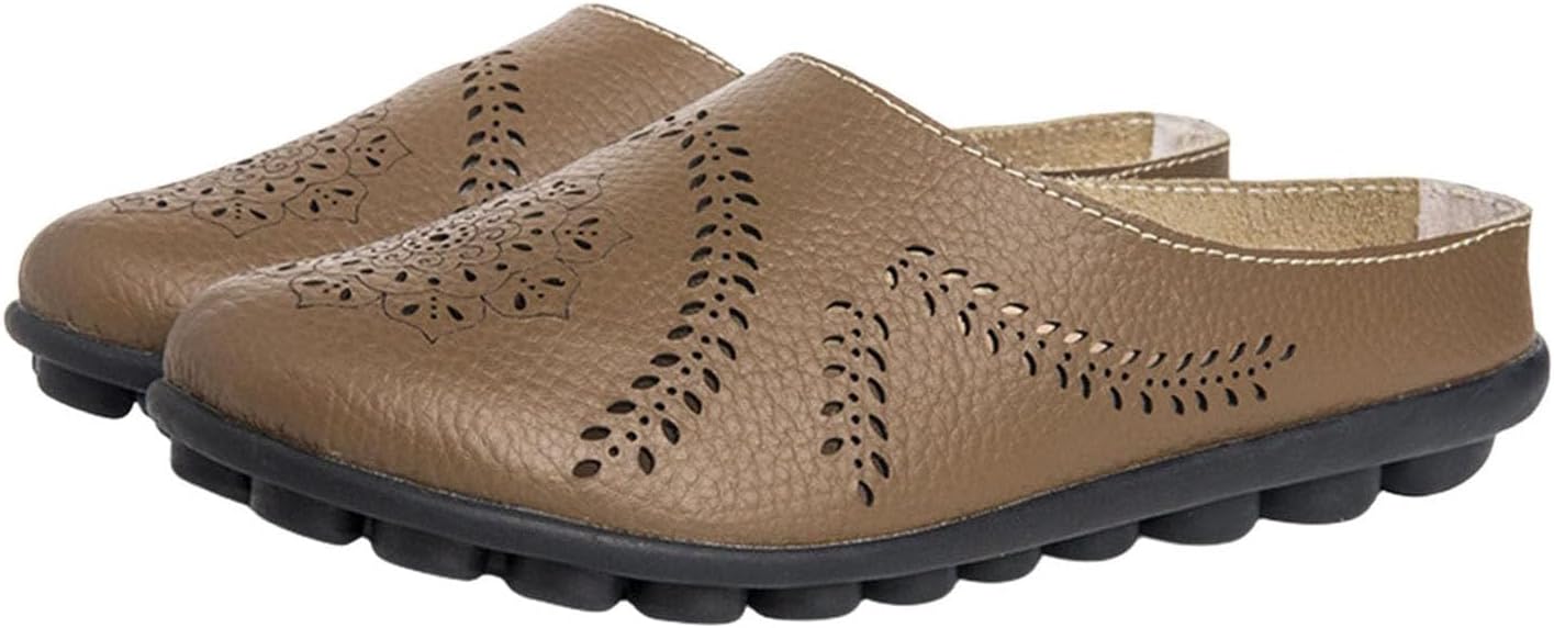 

Повседневные сандалии-тапочки с вырезами для женщин, удобные дышащие мюли, летние балетки, комфортные лоферы на плоской подошве, кожаные слипоны-лоферы Generic, хаки