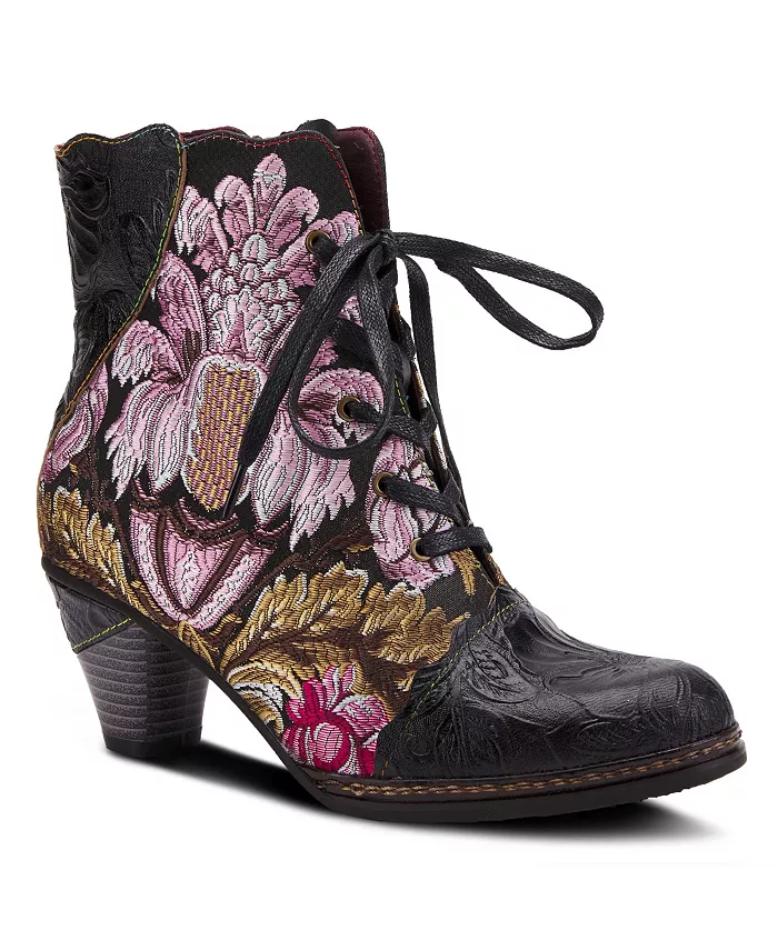 L’Artiste Women’s SIREN вышитые цветочные ботильоны на шнуровке с тисненой кожей, фигурным кантом и коническим каблуком L'Artiste, черный