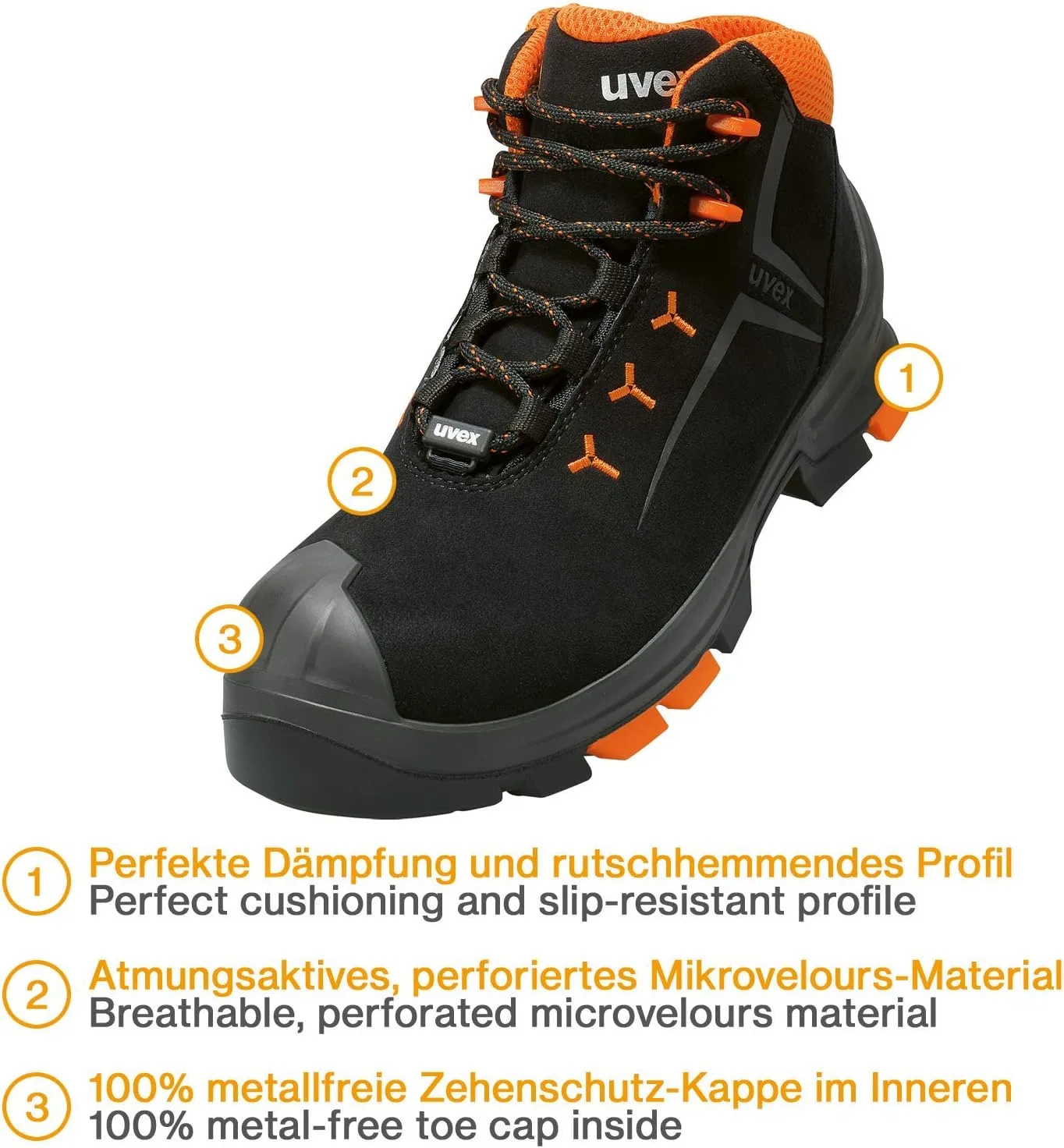 Рабочие ботинки Uvex 2 - S3 для мужчин и женщин - легкие и нескользящие, Orange Black — фото 4