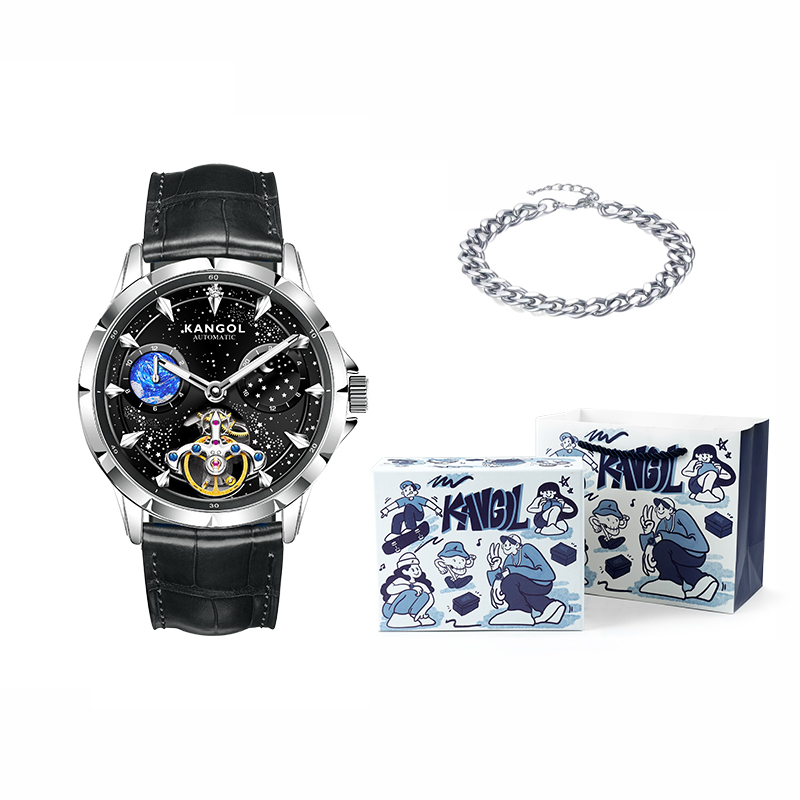 

KANGOL Часы Sea Of Stars Automatic Mechanical Movement Genuine Leather Strap Watch Men's Watch Cut Out Dial, Deep Black