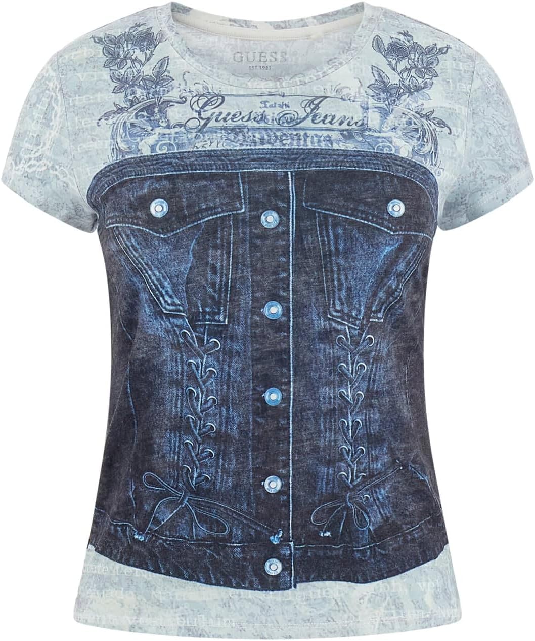 

Guess Женская Короткий Рукав Джинсовый Бюстье R5 Футболка, Soft Light Blue Multi, Синий, Guess Женская Короткий Рукав Джинсовый Бюстье R5 Футболка, Soft Light Blue Multi