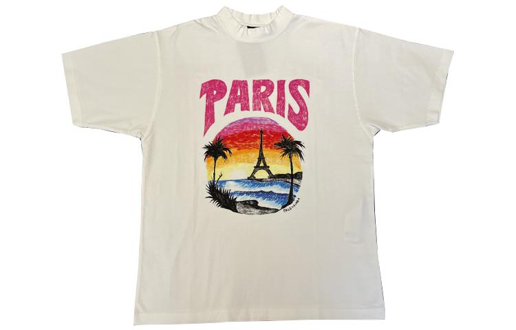Футболка Paris Tropical средний приталенный белый/розовый Balenciaga, экрю — фото 4