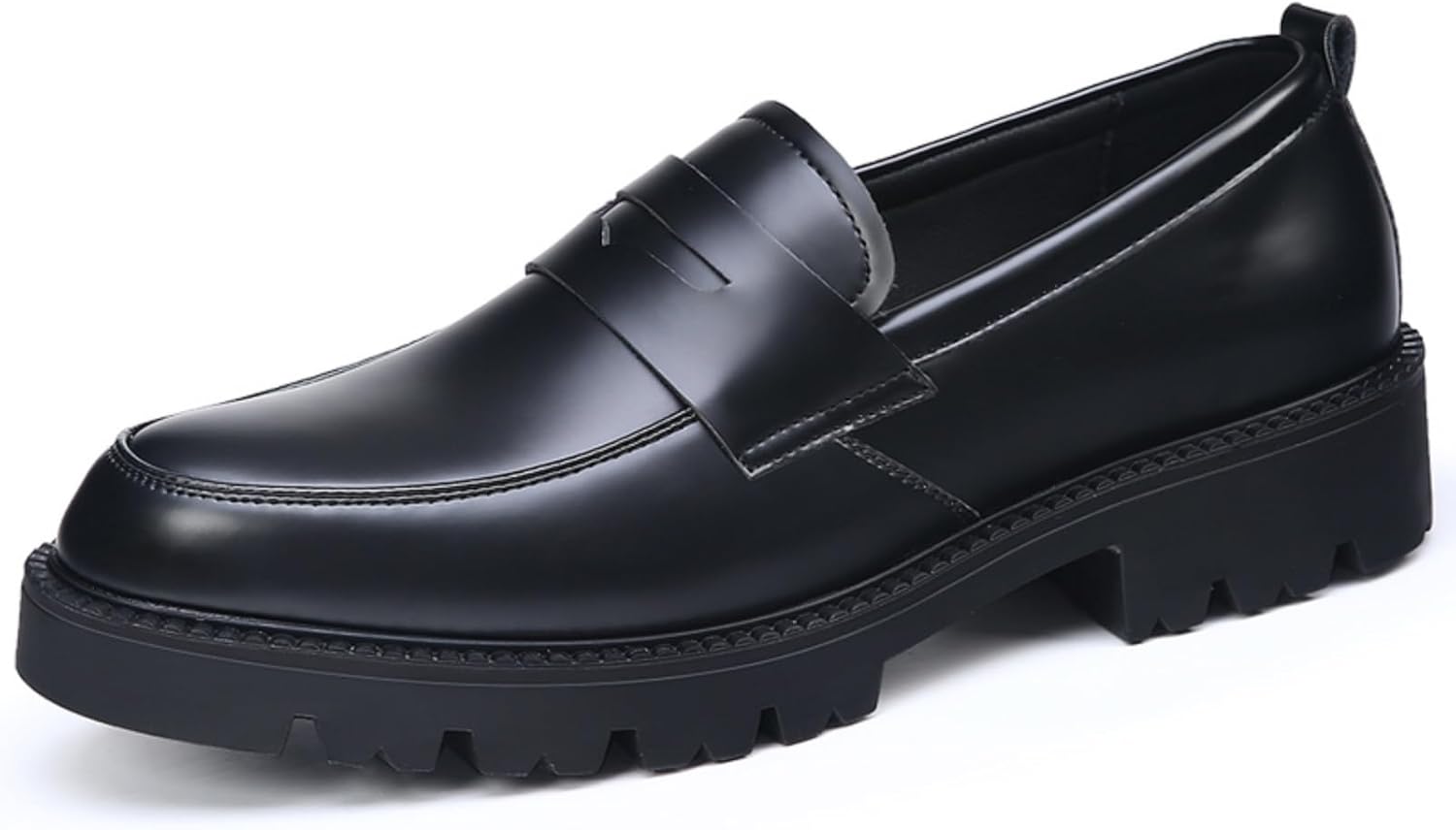 

Мужские кожаные лоферы на платформе без шнурков с монеткой, классический круглый носок, зубчатая подошва, деловые повседневные формальные туфли Aokisx, черный