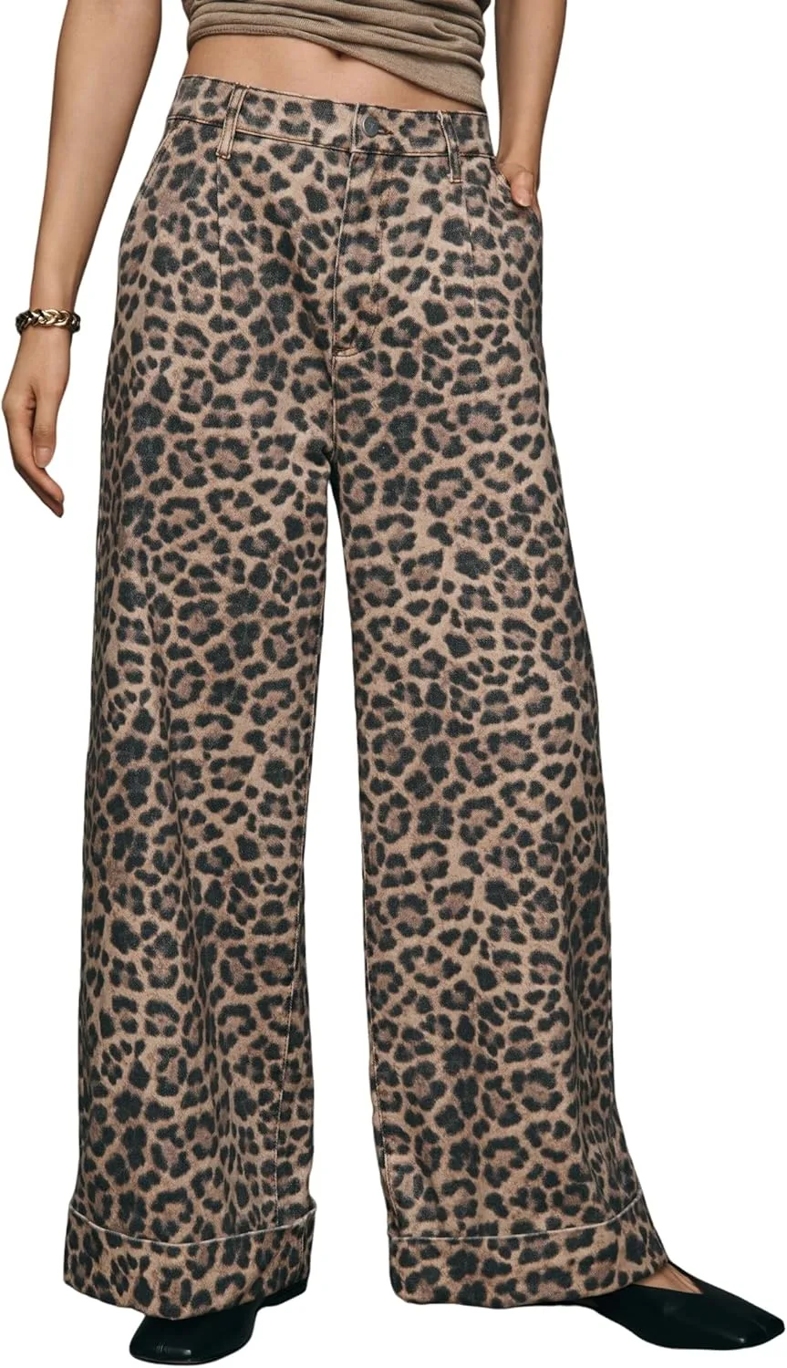 

LifeShe Wide Leg Leopard для женщин Mid Rise Baggy Cuffed Cheetah Print