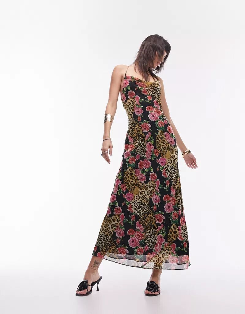 

Платье-комбинация миди с леопардовым принтом и розами Topshop