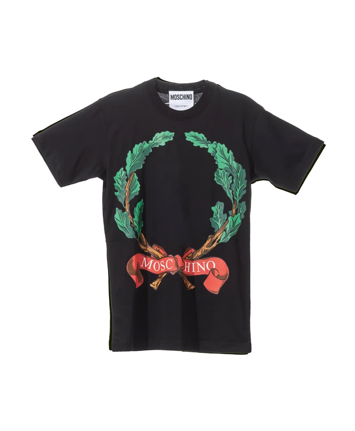 

Футболка из органического хлопка с принтом в виде лаврового венка. Moschino, черный