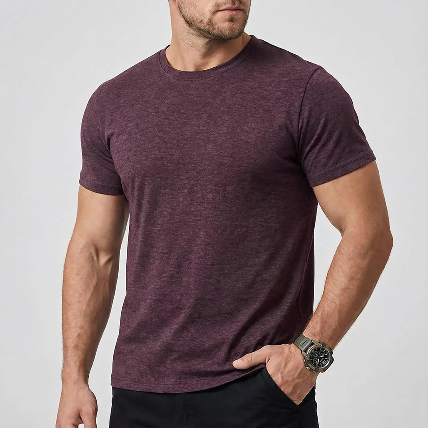 Футболка для мужчин Casual Cotton, короткий рукав, легкая, однотонная, Big and Tall, Crew Neck — фото 2