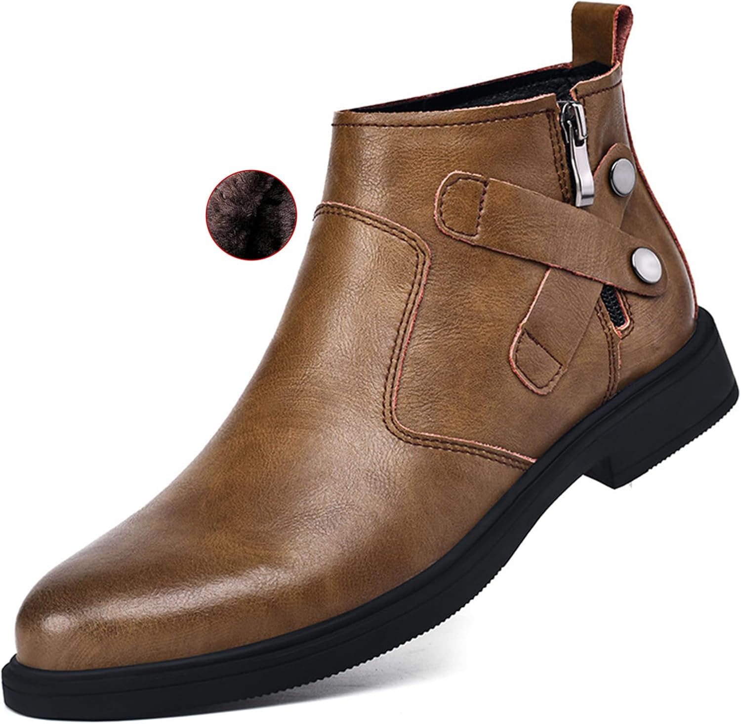

Мужские остроносые челси из натуральной кожи с боковой молнией, зимние с дополнительным бархатным утеплением, массивным каблуком, нескользящие, классические челси-ботинки, подходят для вождения и работы Nvbuke, коричневый