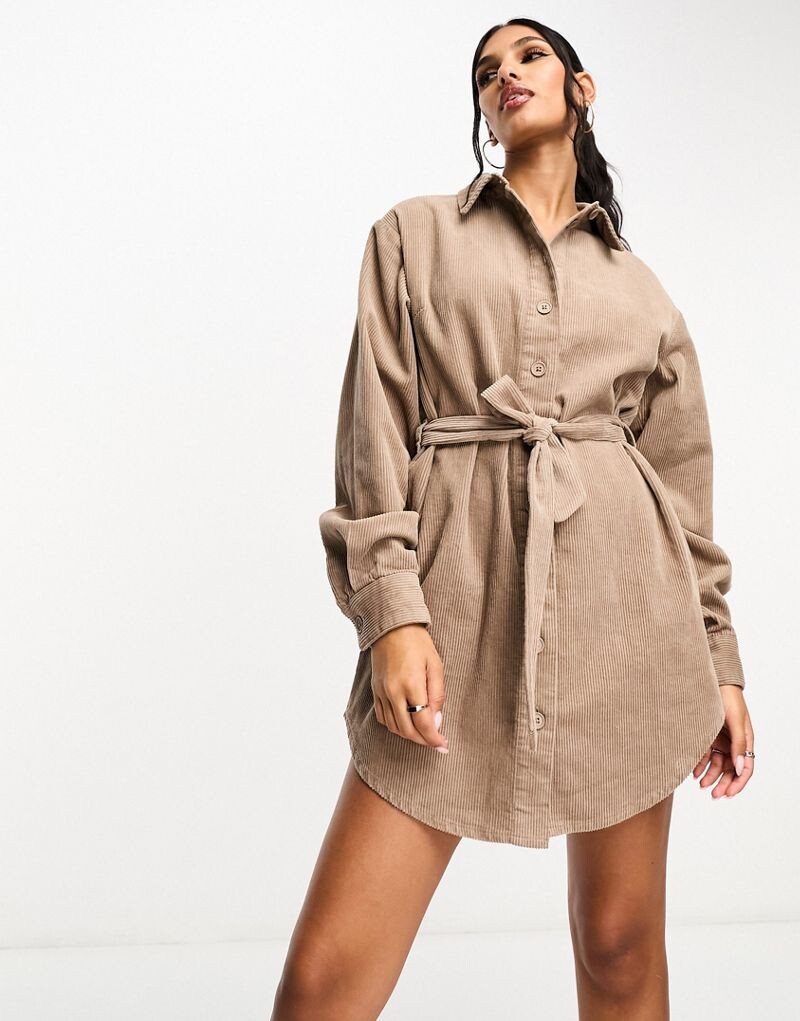 

Коричневое платье-рубашка с вельветовым поясом ASOS DESIGN