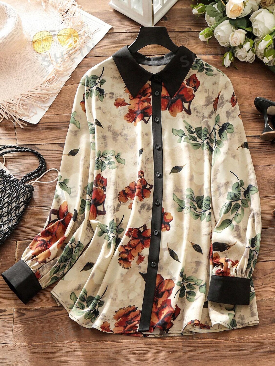

Mulvari Однобортная рубашка больших размеров в стиле колор-блок с длинными рукавами и цветочным принтом для повседневного образа Shein, мультиколор