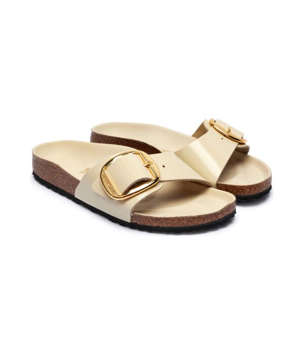 Тапочки кожаные Birkenstock Madrid с большой пряжкой, экрю — фото 3