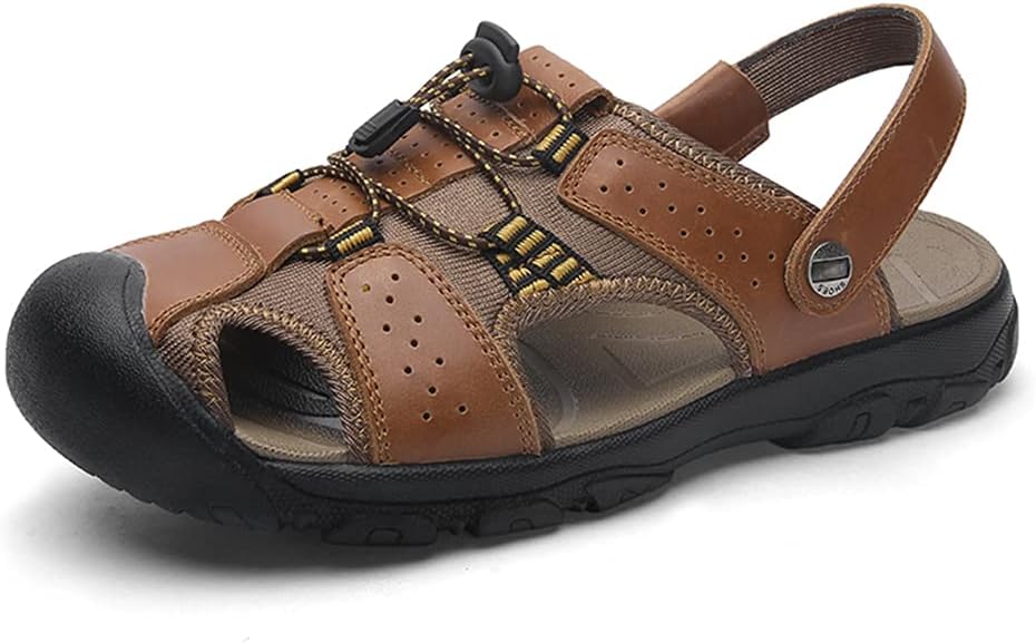 

Мужские регулируемые сандалии Veslexth с закрытым носком, кожаные, ручной работы, модель «рыбак», противоскользящие, повседневные, модные водонепроницаемые и дышащие тапочки для прогулок, треккинга, вождения и путешествий, коричневый
