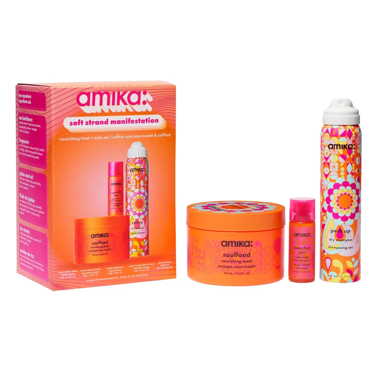 Набор для мягких волос amika soft strand manifestation nourishing treat + style set, полный размер soulfood, дорожный perk up + superfruit star