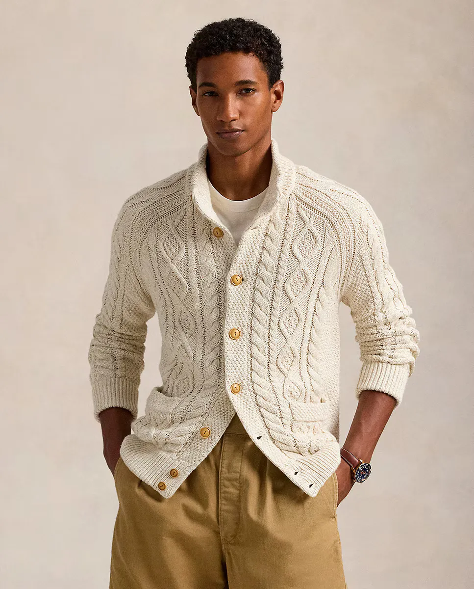 

Мужской хлопковый кардиган трикотажной вязки Polo Ralph Lauren, цвет Crema