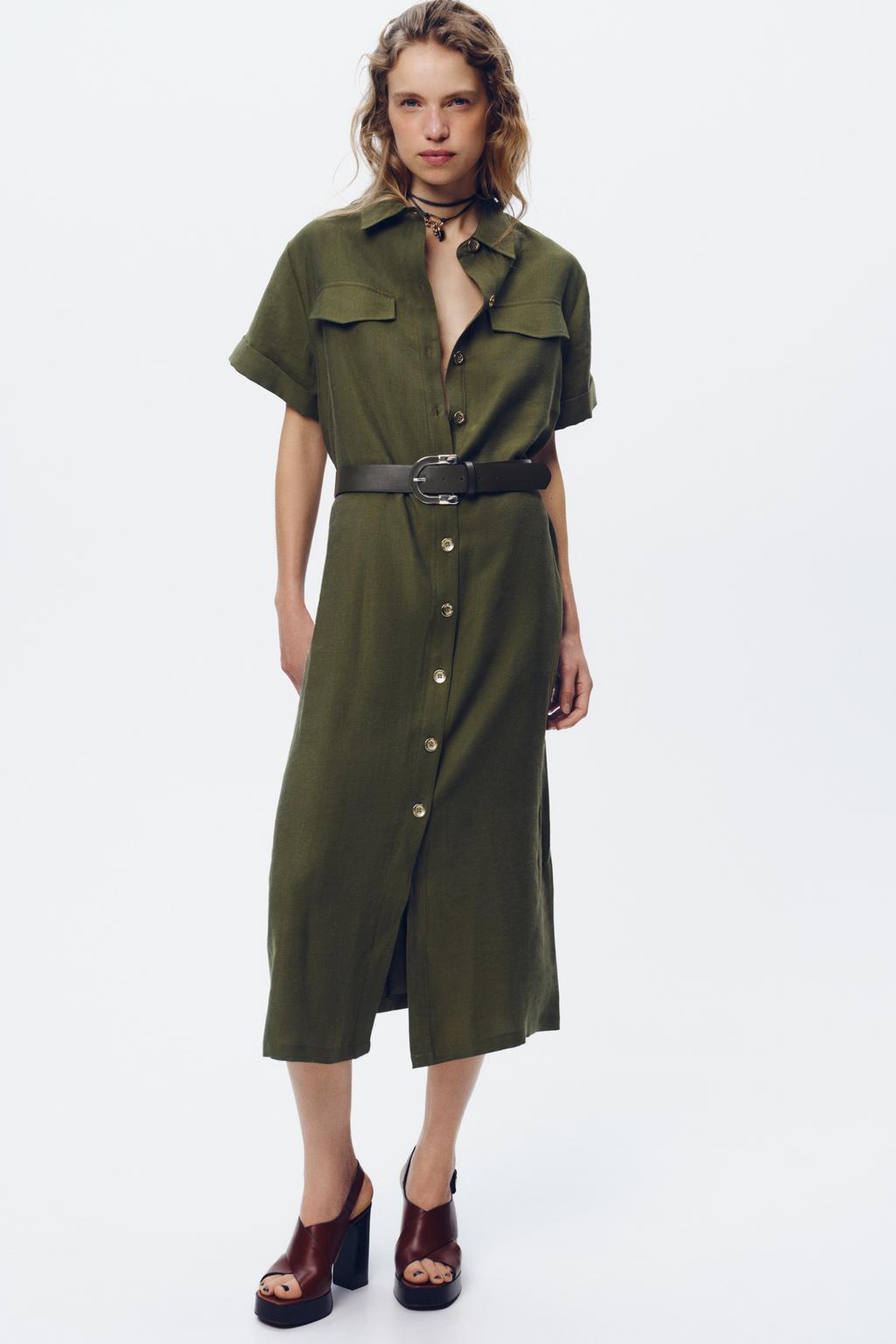 

Платье миди с поясом ZARA, хаки