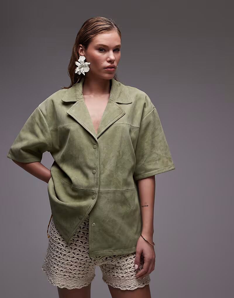 

Рубашка Topshop co-ord из натуральной замши цвета хаки для отдыха