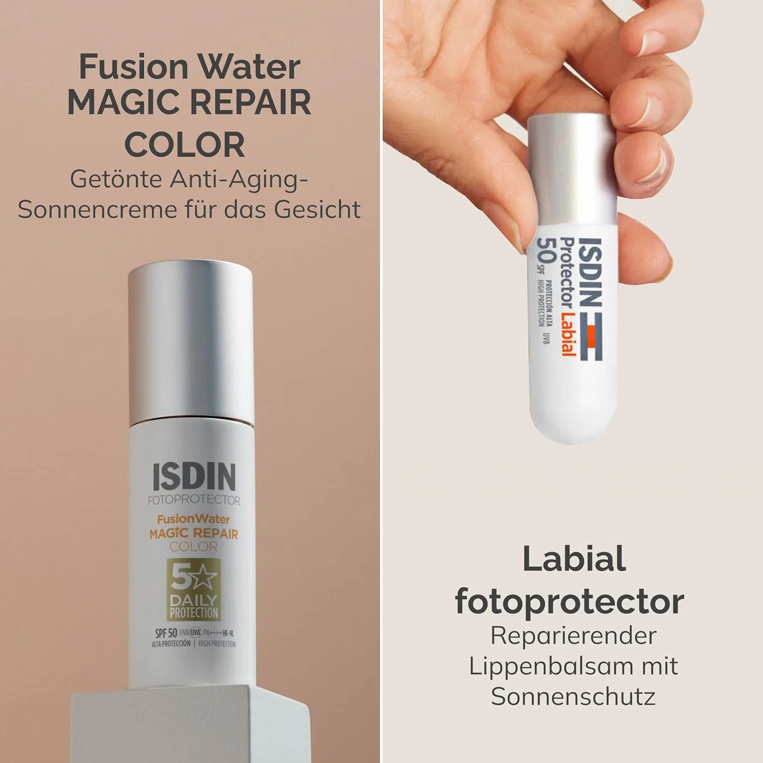 Набор солнцезащитного крема для лица «Fusion Water Repair Color SPF 50» и помады SPF 50 от ISDIN Isdin — фото 2
