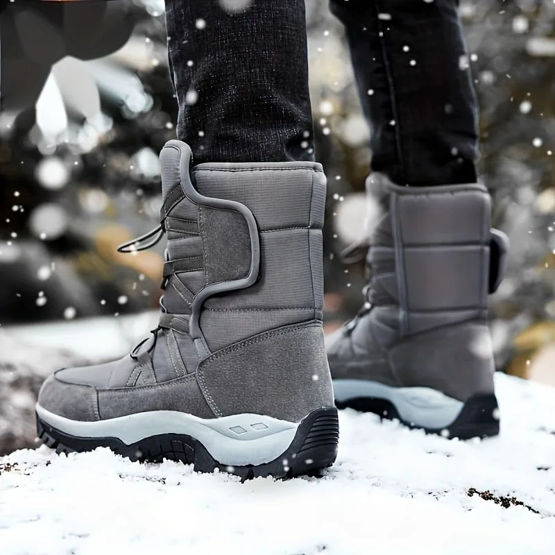 Мужские однотонные высокие зимние ботинки с теплой плюшевой подкладкой, удобной противоскользящей резиновой подошвой, зимняя обувь для мужчин на открытом воздухе Hhhchpm, темно-серый — фото 2
