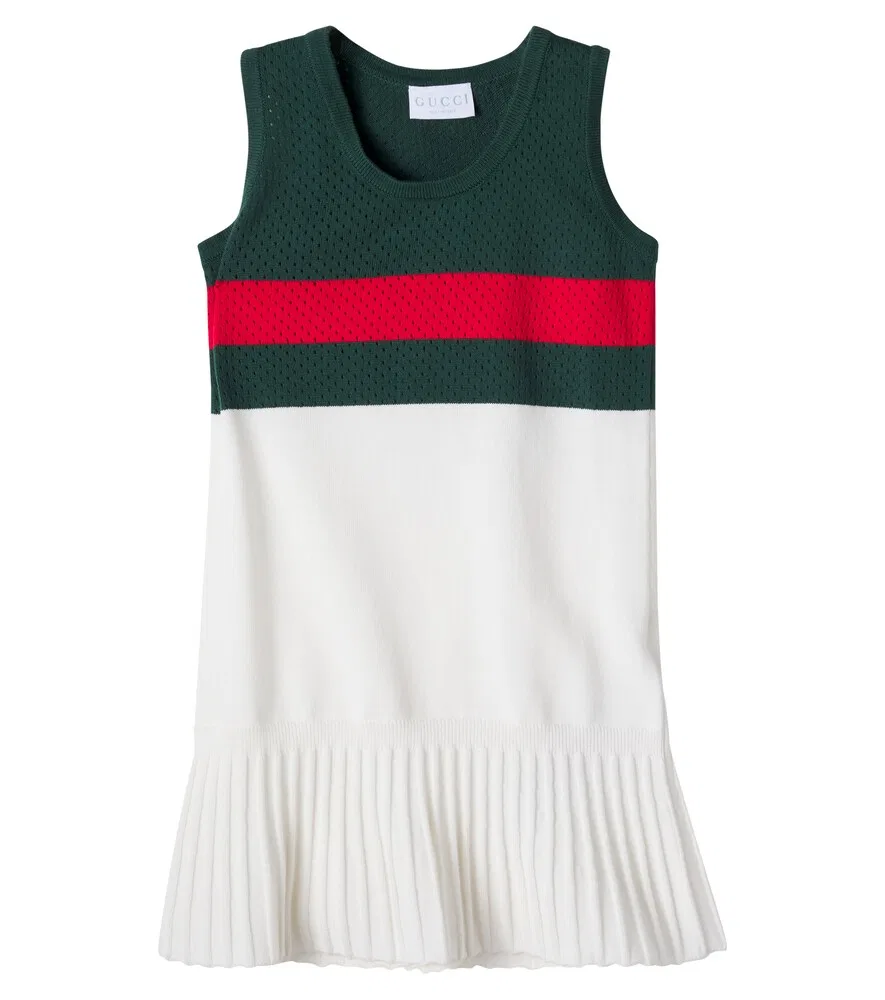 Хлопковое платье с ажурной отделкой в виде полосок Web Stripe Gucci Kids, зеленый