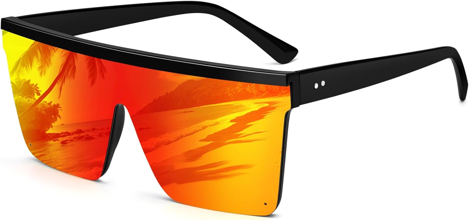 

Солнцезащитные очки Dollger Square Oversized для женщин и мужчин, модные, с плоской верхней частью, в большой черной оправе, Black Frame Orange-red Gradient Mirrored Lens