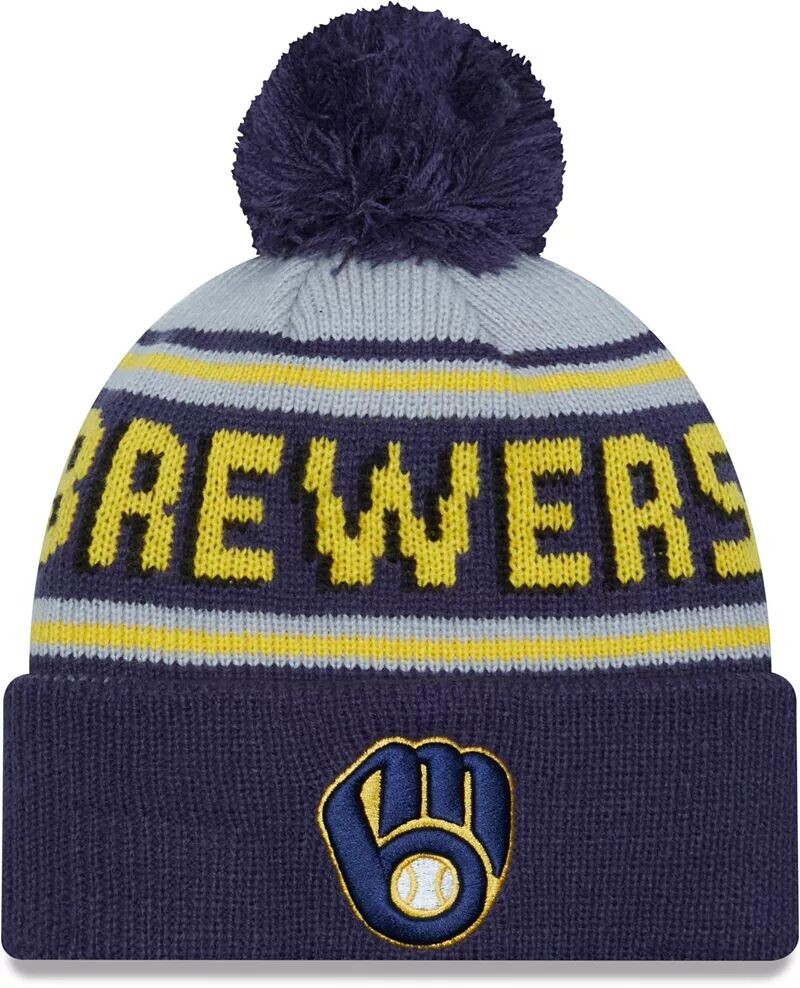 

Темно-синяя вязаная шапка New Era для взрослых Milwaukee Brewers с надписью и помпоном
