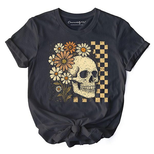 

Футболка с клетчатым цветочным скелетом, винтажный череп с ромашкой Ornamentallyyou, Dark Gray