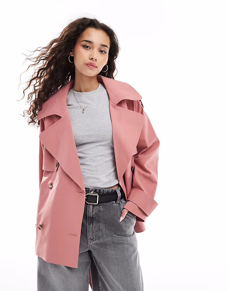 

Короткий тренчкот ASOS DESIGN свободного кроя с поясом в цвете пыльно-розовый