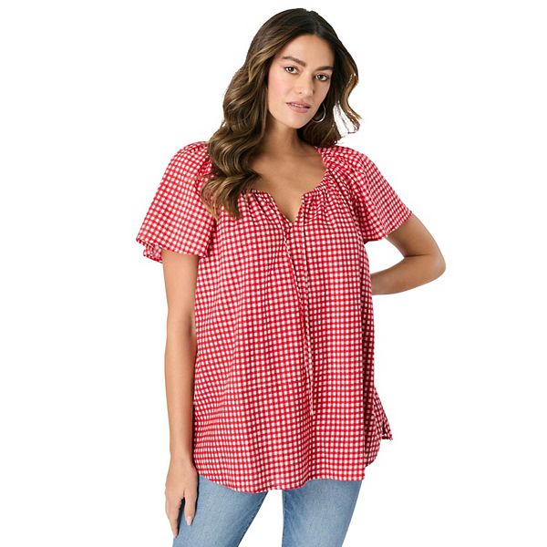

Блузка с вышивкой и рюшами для женщин plus size Roaman'S, Red White Gingham