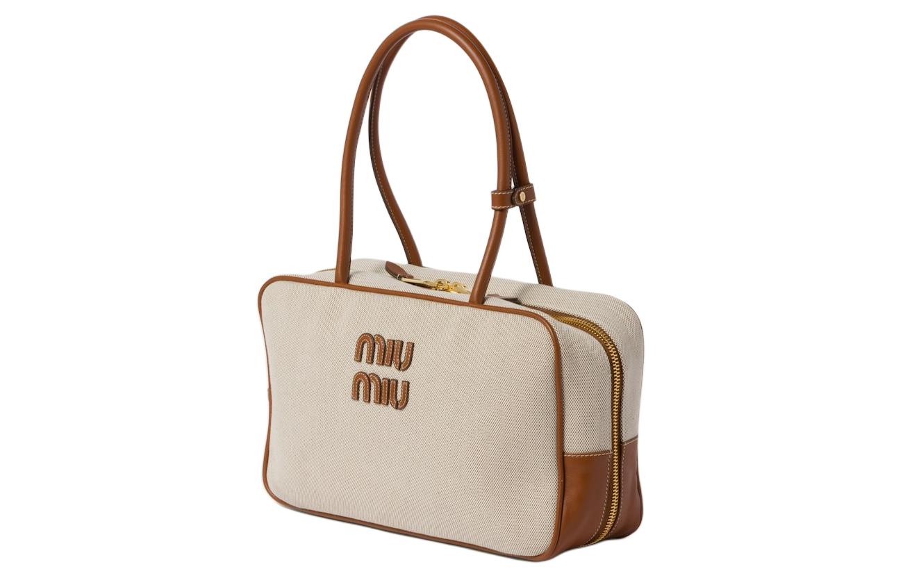 Сумка через плечо MIU MIU из кожи и холста, бежевая и коньячная — фото 2