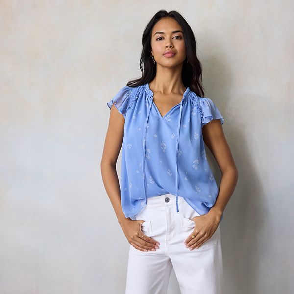 

Женский топ с рюшами и отделкой V-образного выреза Lc Lauren Conrad, Blue Dandelion Sprigs