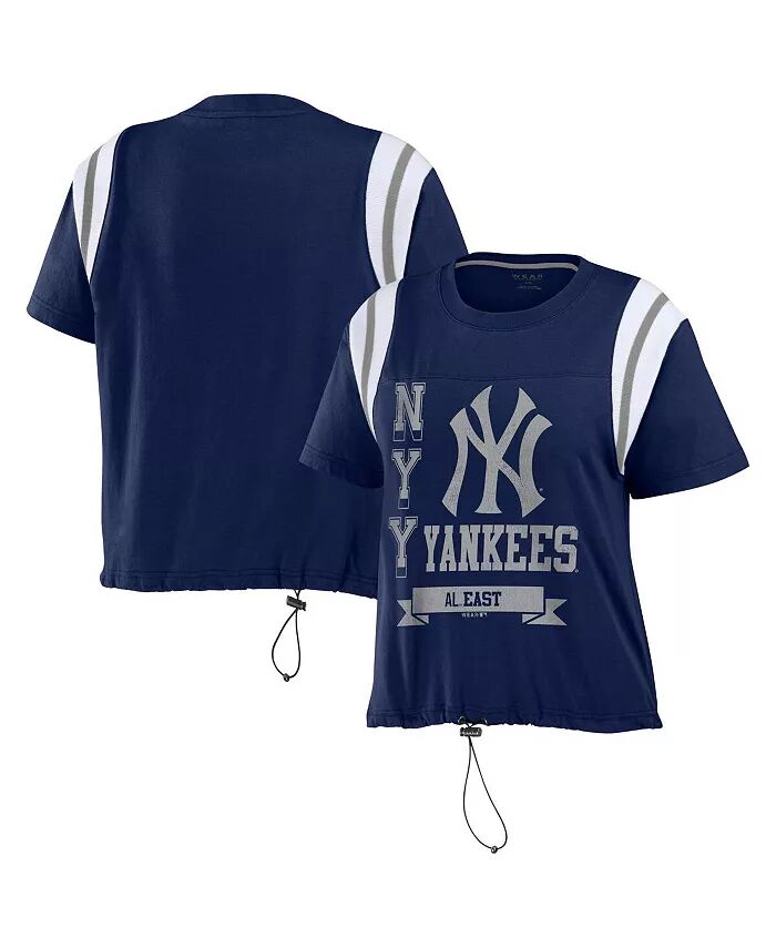 

Женская темно-синяя потертая футболка New York Yankees с завязками в цветных блоках WEAR by Erin Andrews