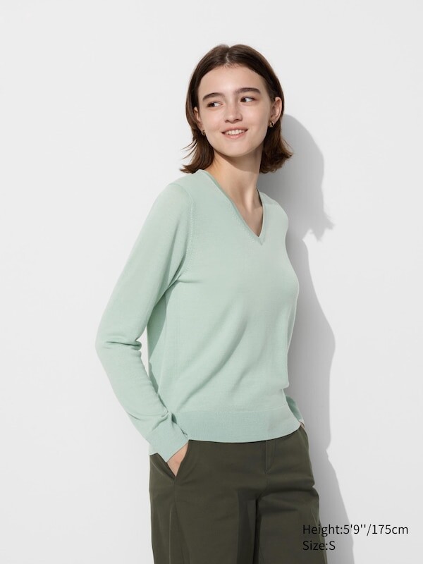 

Джемпер из мериноса с v образным вырезом Uniqlo, зеленый