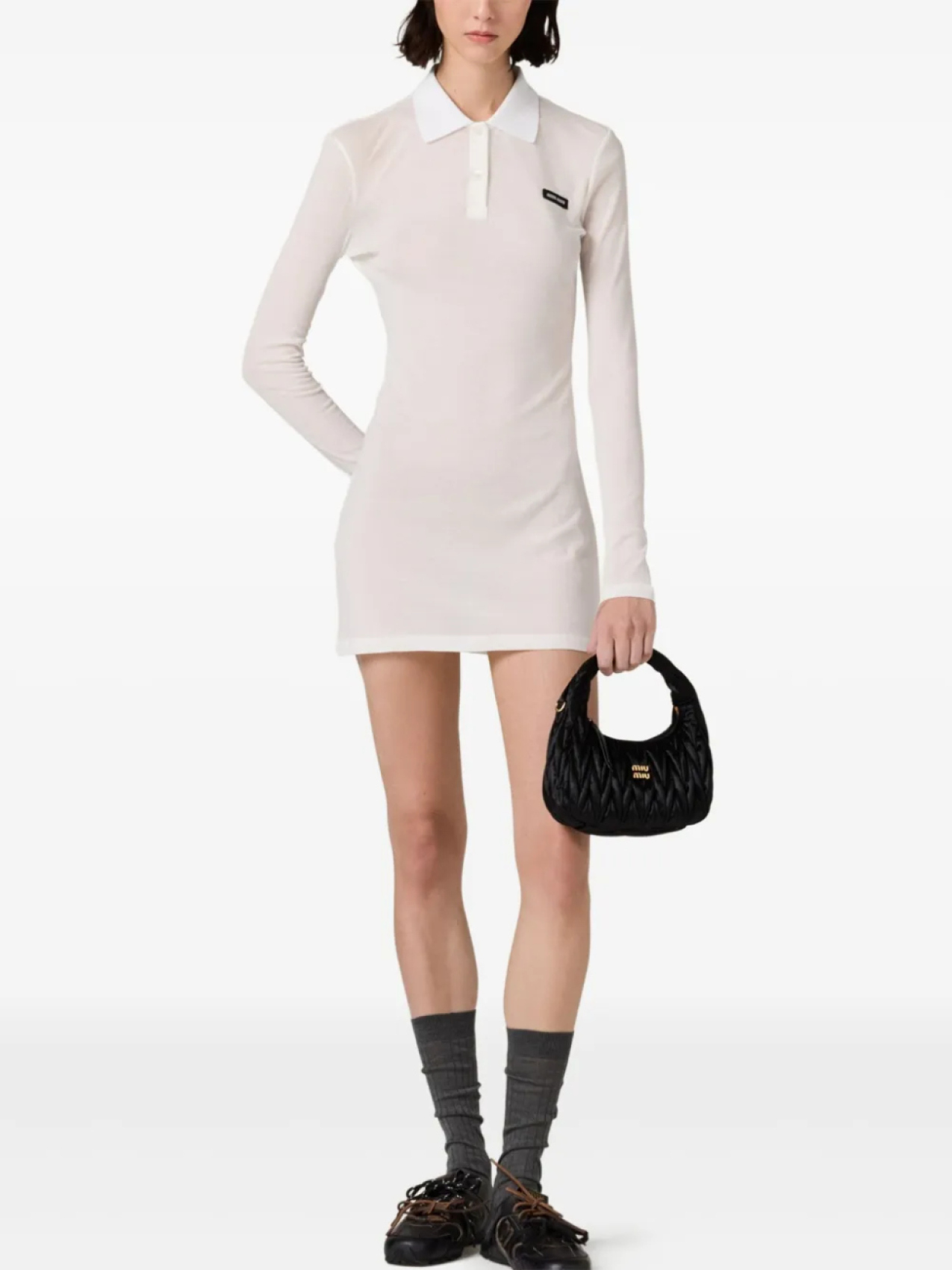 Мини-платье из трикотажного джерси в рубчик Miu Miu, белый — фото 2