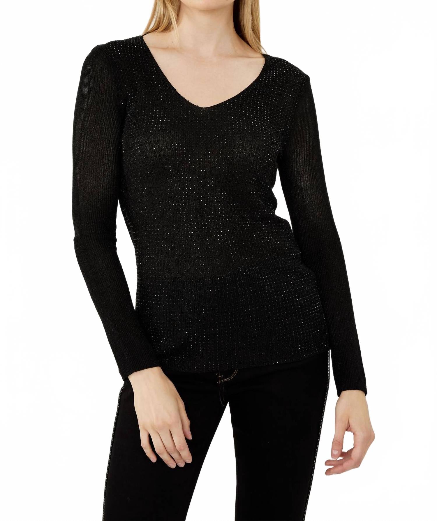 

Bejeweled V-образный вязаный топ в черном цвете Frank Lyman