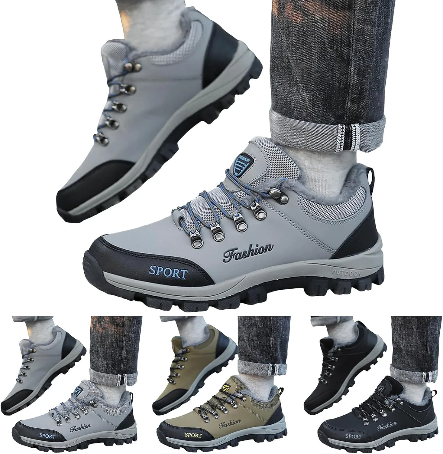 

Мужские зимние ботинки водонепроницаемые с пушистым мехом, утепленные, шнуровка, теплые кроссовки для холодной погоды, противоскользящие ботинки-лоферы, спортивные ботинки для походов и прогулок Generic, серый