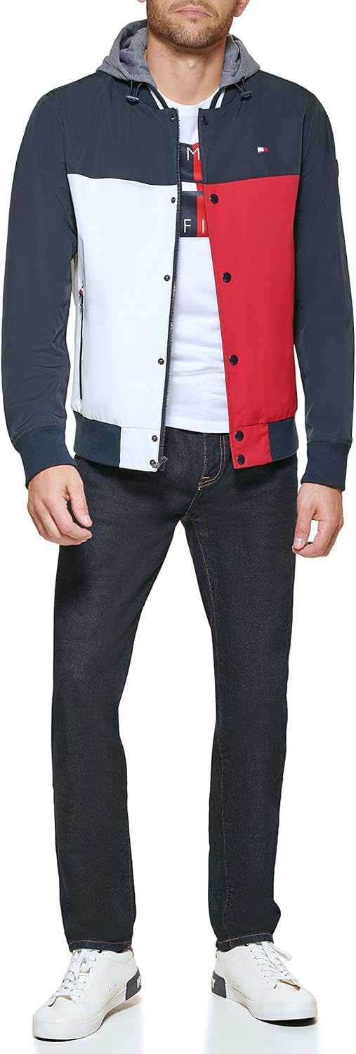 Мужская модная куртка-бомбер Tommy Hilfiger с прикрепленным трикотажным капюшоном, Midnight/Ice/Red — фото 2