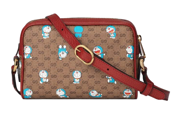 GUCCI Дораэмон коллекция холщовая сумка с кожаной вставкой через плечо унисекс коричневый — фото 4