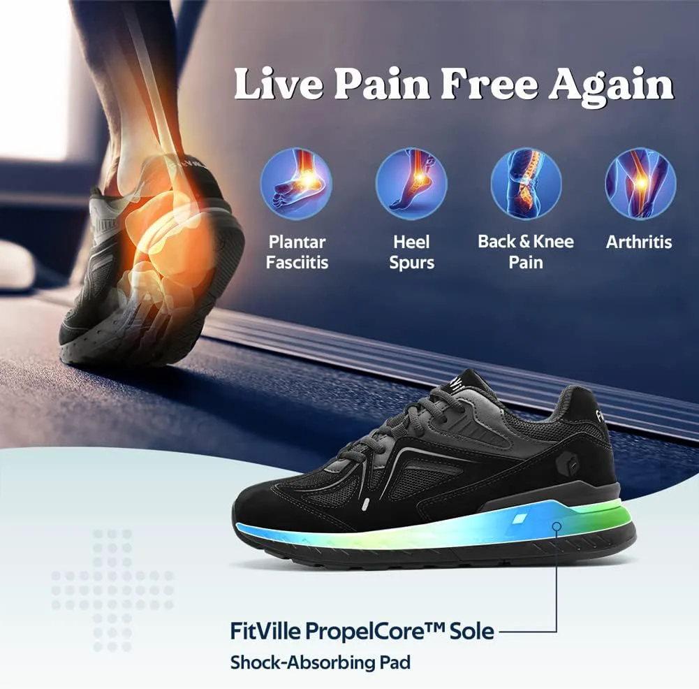 FitVille Мужские прогулочные кроссовки с широкой посадкой для плоской стопы, облегчение боли в пятке - Rebound Core, черный — фото 3