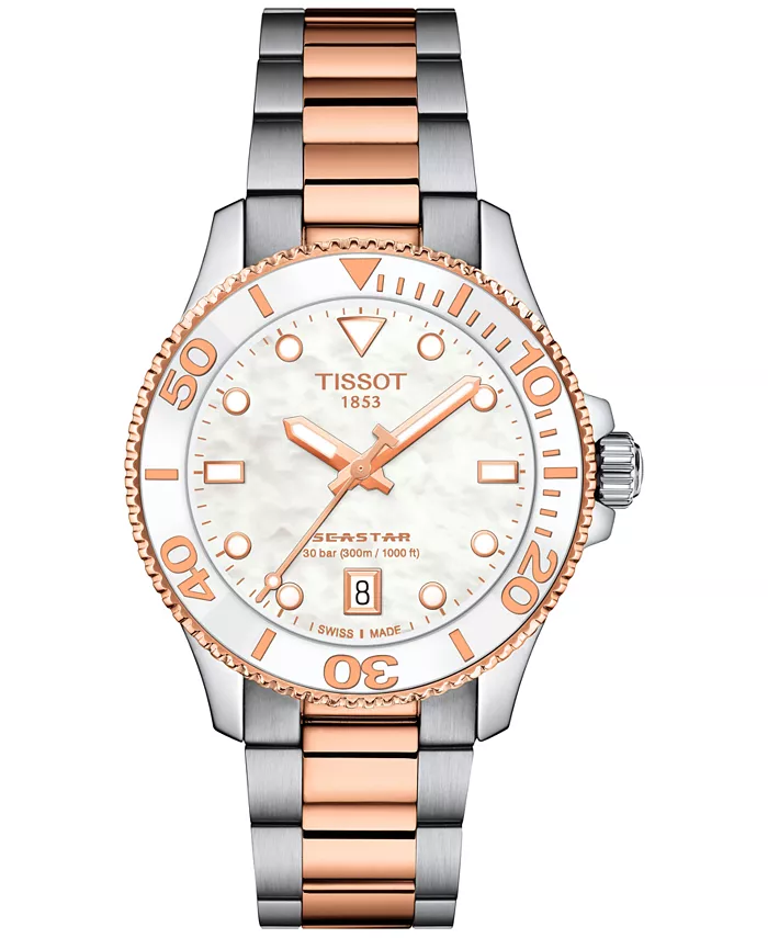 

Женские часы Swiss Seastar 1000 с двухцветным браслетом из нержавеющей стали, 36 мм Tissot