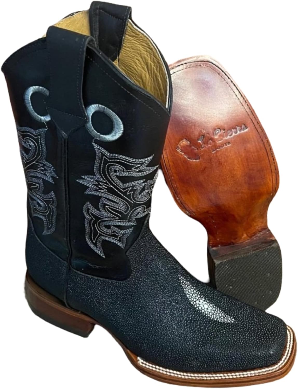 

Мужские кожаные ковбойские сапоги Dona Michi с ручной отделкой и принтом из ската: квадратный носок, западные родео ботас Мантарайя, черный