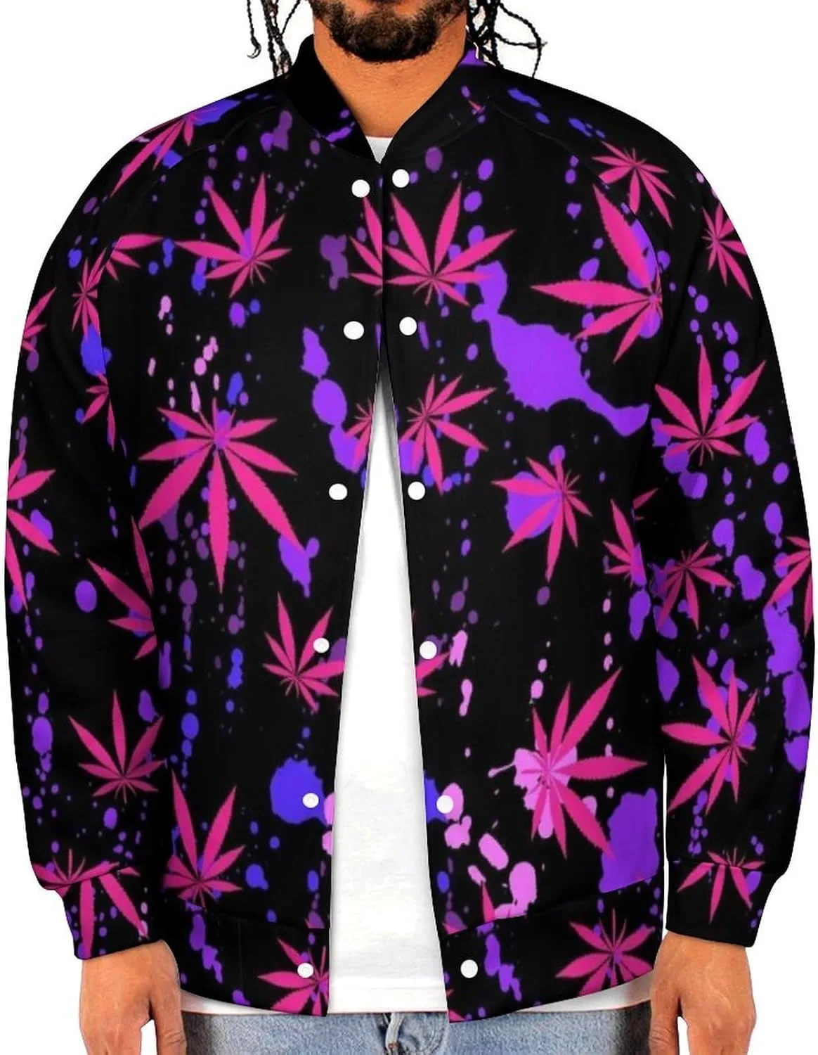 Куртка-бомбер мужская бейсбольная с неоновыми листьями Weedleaf, свободного кроя, с длинным рукавом, повседневная, легкая, на пуговицах Generic, черный