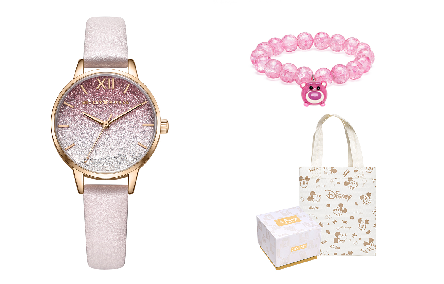 

Disney Часы Mickey Quartz Movement Leather Strap Watch Women's Watch Pink Watch Dial, MK-11325P[Lotso Bangle Set]