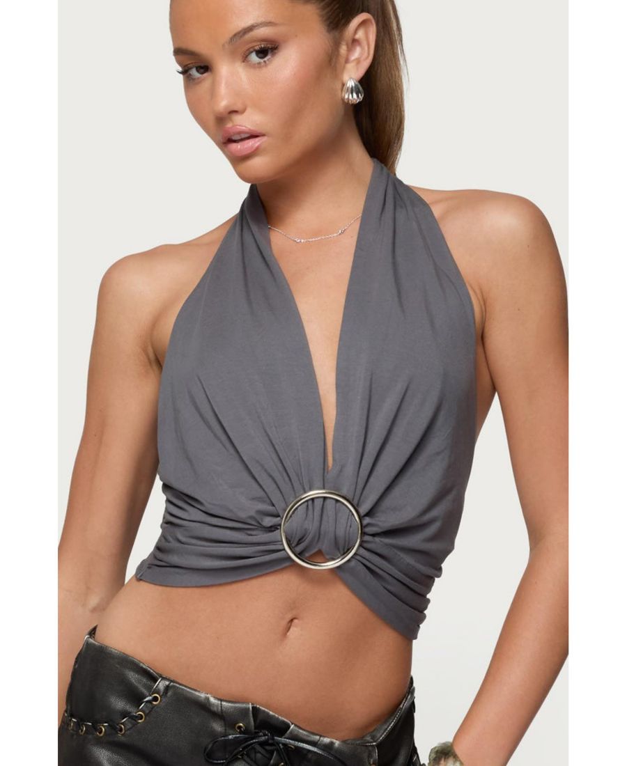 

Женский топ Nessie с металлическим кольцом и открытой спиной и завязками на шее Edikted, Gray