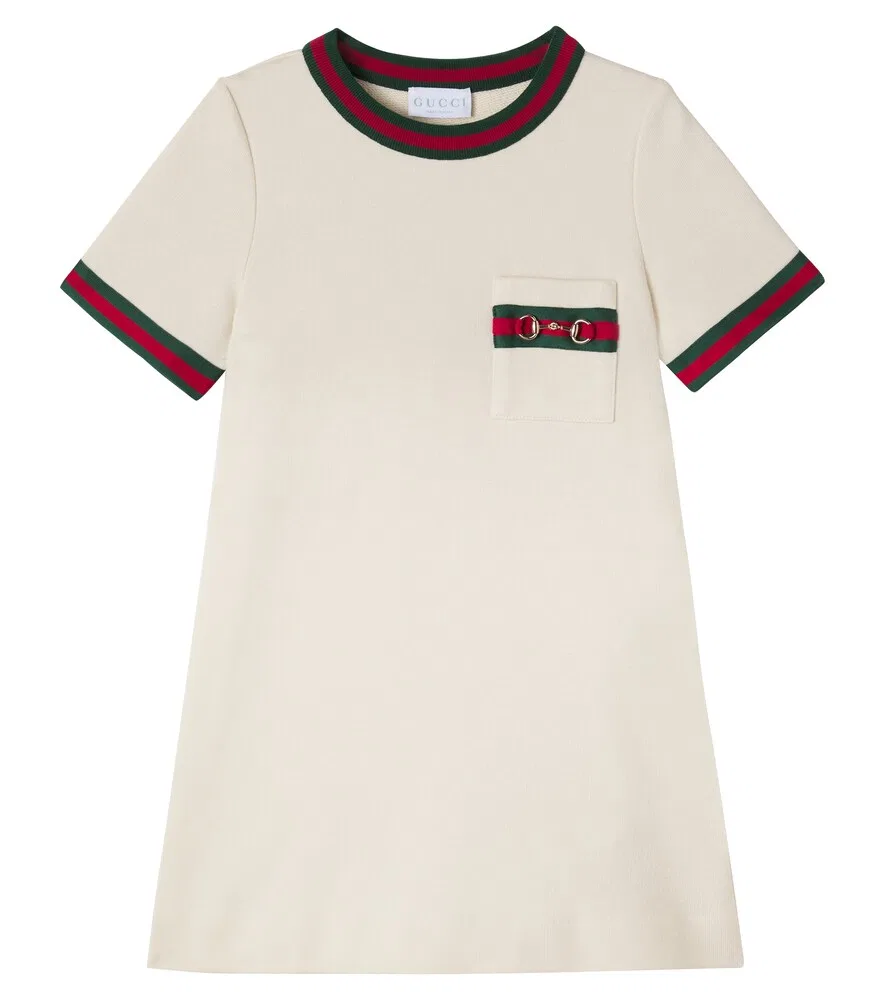 Хлопковое платье с полосками и узором "Конская уздечка" Gucci Kids, белый